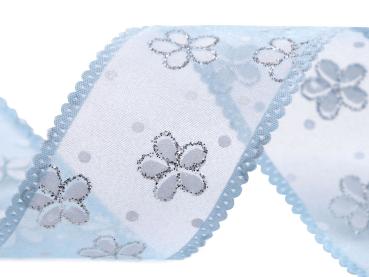 Organzaband mit Blumen und Glitzer hellblau Breite 40mm